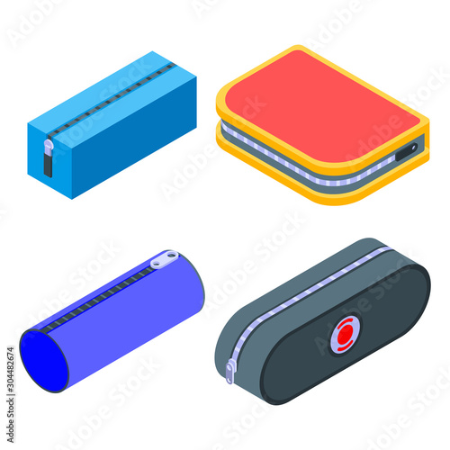 Pencil case icons set. Isometric set of pencil case vector icons for web design isolated on white background