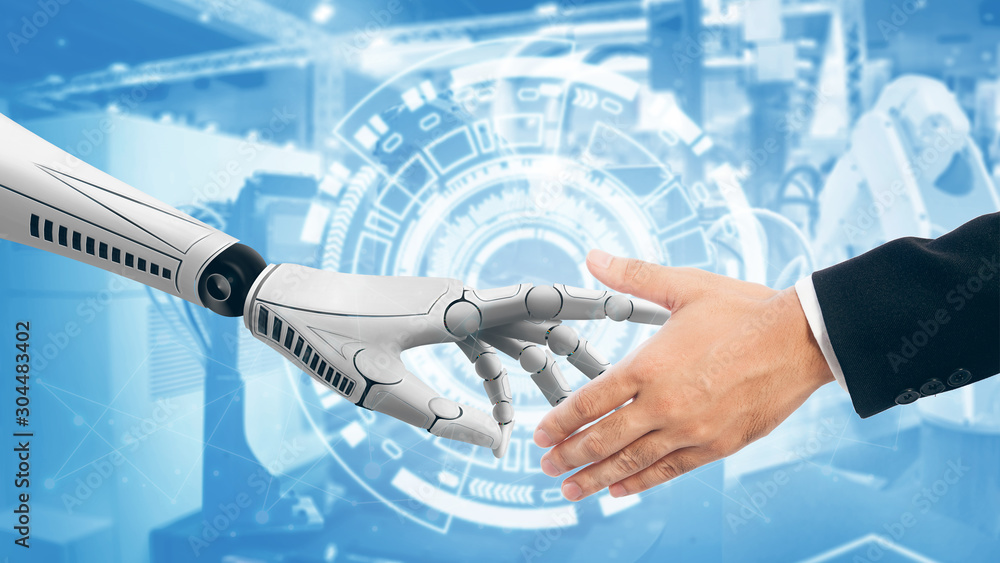 Human and robot handshake business relationship symbol on background ...