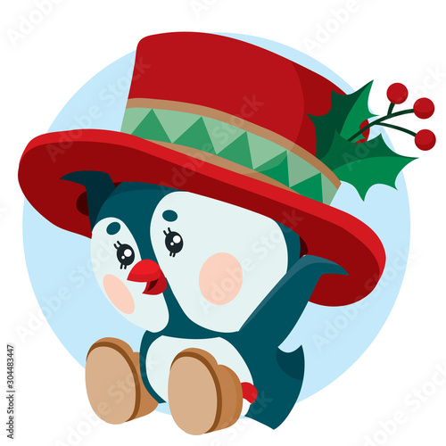 little penguin puts on his head a big hat for the winter holiday New Year and Christmas,