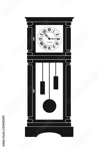 Grandfather Clock. Silhouette of clock isolated on white background