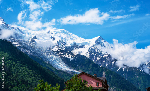 Chamonix downtown in summer, France. Famous ski resort in Alps mountains. Summer landscape.