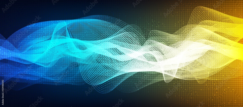 Light Digital Sound Wave on Yellow and Blue Background,technology and