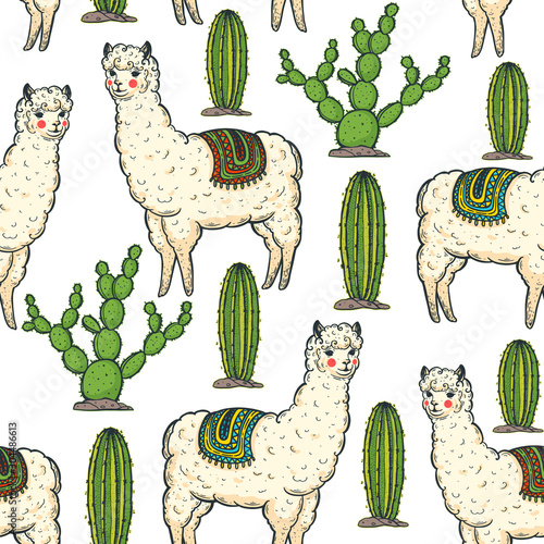 Alpaca seamless pattern. Hand drawn vector illustration. Cute llamas and cactus. Alpaca, llama, cactus background.