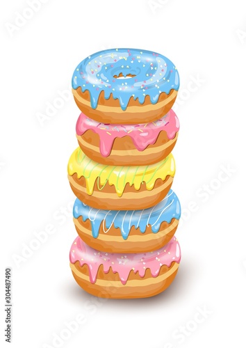 Vector stack of Donut isometric icons with blue, pink, yellow glaze and sugar decorative icing on white background. Cartoon flat hand drawn tower of dessert for sweet shop, Donut Day poster.    