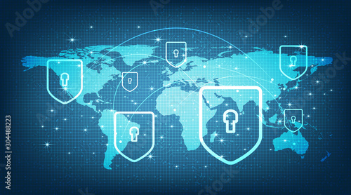 Digital Global Network System with Shield Security,protection and Safe Concept,Vector illustration.