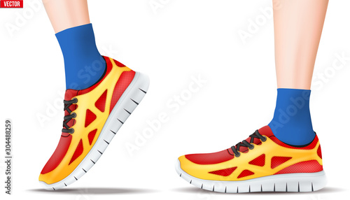 Leg with Sport sneakers. Symbol of workout training and fitness and running. Vector illustration isolated on white background. © VITAMIN