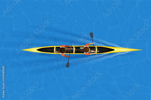Sprint Double canoe and paddler on water surface. Top view of Equipment whitewater sprint canoeing in moving. Vector Illustration