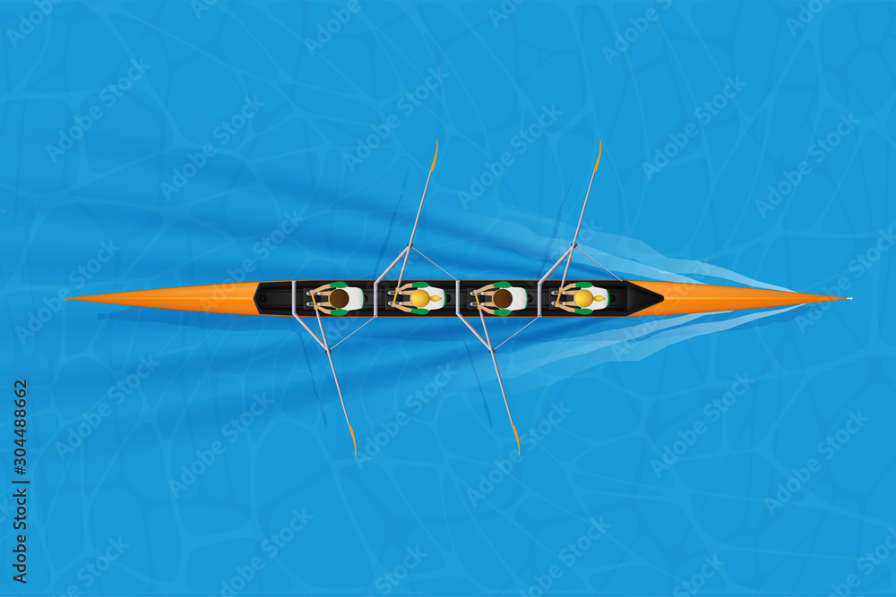 Four Racing shell with mixed paddlers for rowing sport on water surface. Four paddlers mixed race. Woman and Man and inside boat. Top view. Vector Illustration Four Racing shell with mixed paddlers for rowing sport on water surface. Four paddlers mixed race. Woman and Man and inside boat. Top view. Vector Illustration
