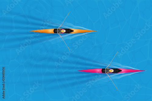 Race of Single rowers with woman paddlers on water surface. Woman inside boats in moving. Top view of Equipment for waters sport rowing. Vector Illustration