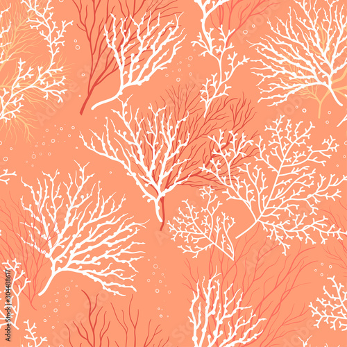 Valokuvatapetti Beautiful Hand Drawn corals seamless pattern, underwater background, great for t