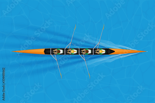 Four Racing shell with mixed paddlers for rowing sport on water surface Fototapete
