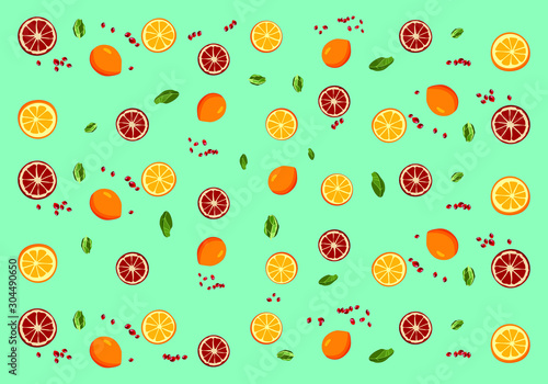 Fototapeta Naklejka Na Ścianę i Meble -  Fruit the composition of oranges, lemons and pomegranates is cut with the details of fruit and pomegranate