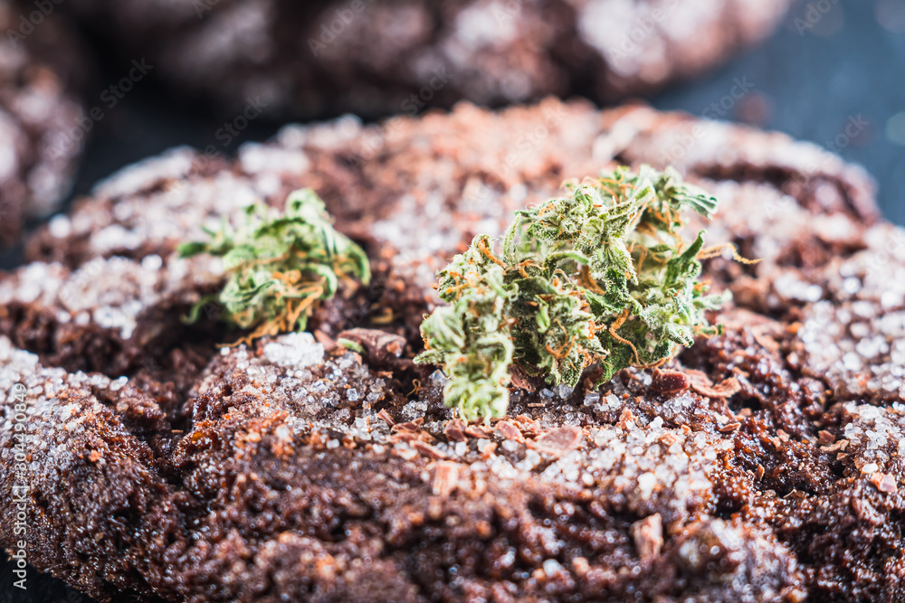 chocolate chip cookies with marijuana, sprinkled with chocolate chips and cannabis, are on a slate dish. chocolate chip cookies with marijuana, sprinkled with chocolate chips and cannabis, are on a slate dish.