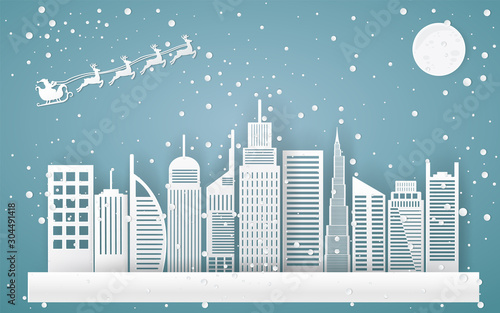 Christmas and happy new year Paper art design blue vector background with cityscape and fireworks celebration concept