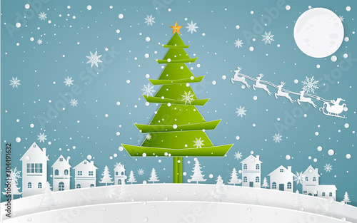 Christmas and happy new year Paper art design blue vector background with cityscape and fireworks celebration concept