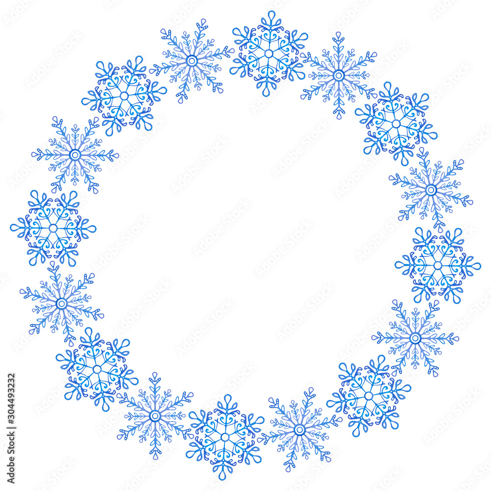 Wreath of blue hand drawn snowflakes isolated on a white background. Round frame for christmas decoration of text
