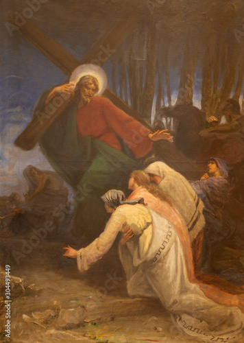 Canvas Print COMO, ITALY - MAY 8, 2015: The painting -  Simon of Cyrene helps Jesus carry the cross in church Santuario del Santissimo Crocifisso as the part of Via Crucis by Pnziano Loverini (1917)