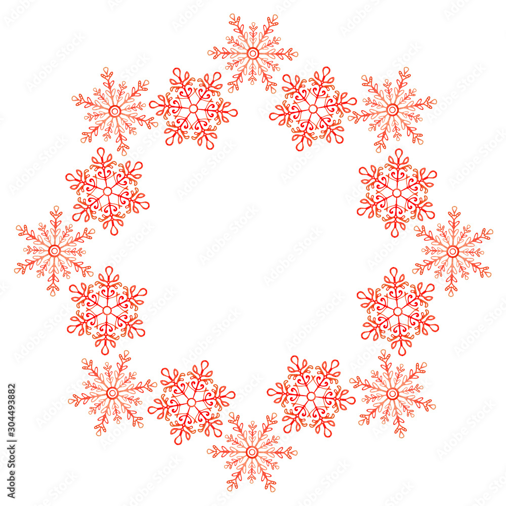 Wreath of red hand drawn snowflakes isolated on a white background. Christmas frame for text. Wreath of red hand drawn snowflakes isolated on a white background. Christmas frame for text.