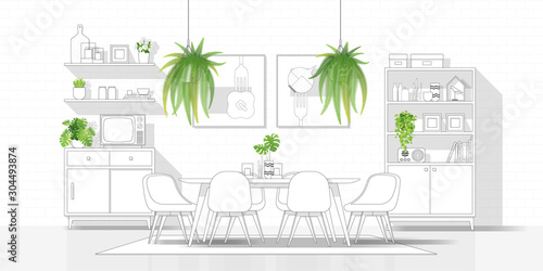 Interior design with modern dining room in black line sketch on white background , vector , illustration