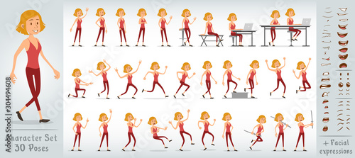 Cartoon funny cute sport blonde girl character in pink shirt. 30 different poses and face expressions. Isolated on white background. Big vector icon set.