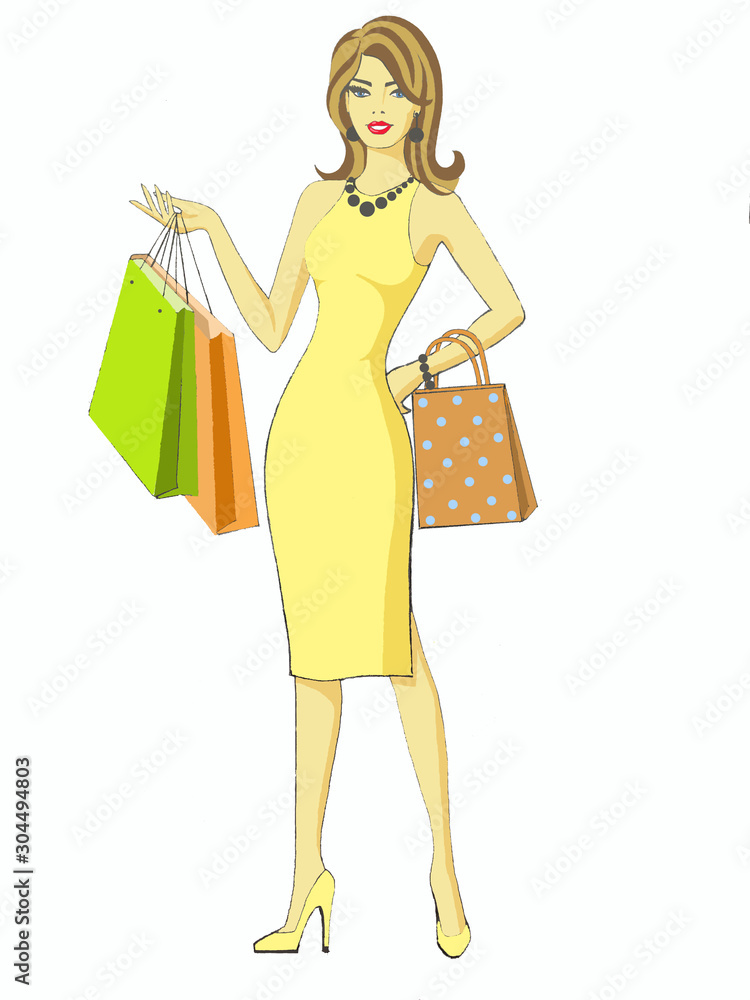 Summer shopping girl. Brown haired girl in yellow dress holding shopping bags. Hand-drawn. Summer shopping girl. Brown haired girl in yellow dress holding shopping bags. Hand-drawn.