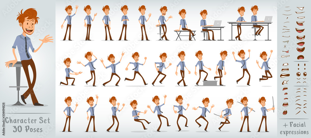 Naklejka Cartoon funny cute office boy character in shirt with blue tie. 30 different poses and face expressions. Isolated on white background. Big vector icon set.