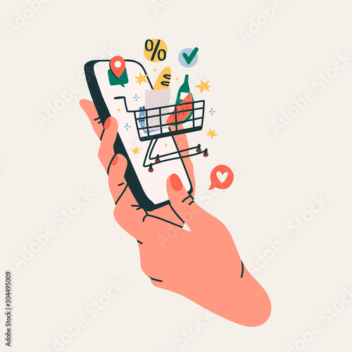 Hand holding phone with shopping cart. Market shopping. Communication, social networking concept. Stylized hand drawn vector illustration for Mobile Application or web sites and banner design
