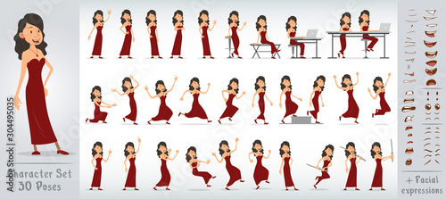 Cartoon funny cute handsome girl character in red evening dress. 30 different poses and face expressions. Isolated on white background. Big vector icon set.