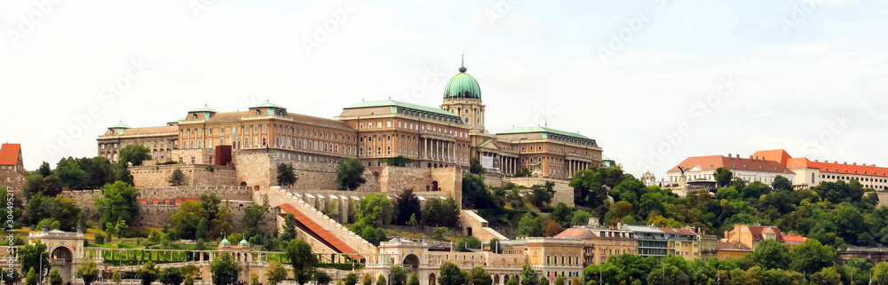 Budapest, Hungary sights Buda castle Royal Palace and city banner beautiful panoramic view of Buda from Pest