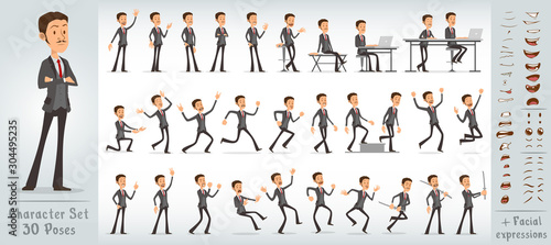 Cartoon funny cute waiter boy character in black suit and red tie with mustache. 30 different poses and face expressions. Isolated on white background. Big vector icon set.