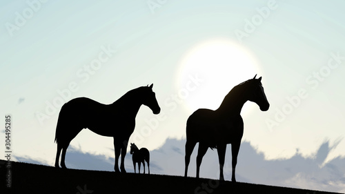 horses Landscape at Sky Background 3D Rendering