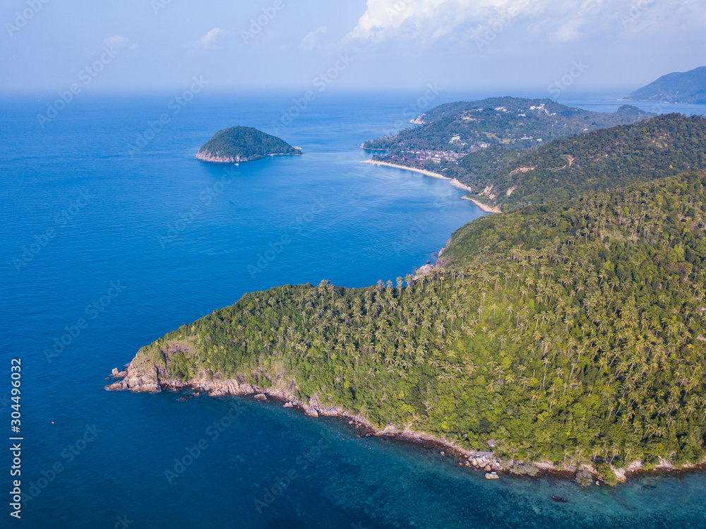 Aerial view of the coastline of the island of Koh Phangan, Thailand