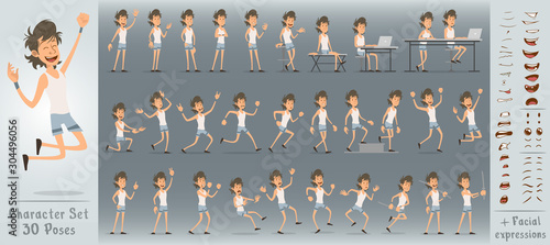 Cartoon funny cute sport boy character in shorts and shirt. 30 different poses and face expressions. Isolated on white background. Big vector icon set.