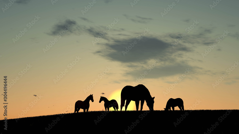 Fototapeta premium Horse Outdoor at Sunset 3D Rendering