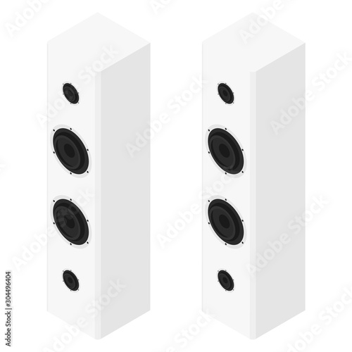 White acoustic speakers, loudspeakers isolated on white background isometric view