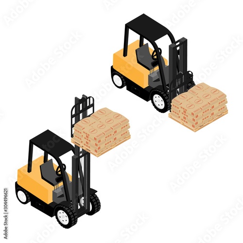 Forklifts, reliable heavy loader, truck transporting cargo cement bags on wooden pallet