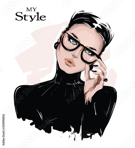 Hand drawn beautiful young woman in eyeglasses. Stylish girl in black shirt. Fashion woman look. Sketch. Vector illustration.