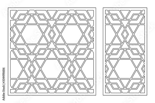 Set decorative card for cutting. Arabic linear mosaic pattern. Laser cut. Ratio 1:1, 1:2. Vector illustration.
