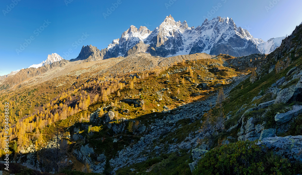 Alps scenery in the village of Chamonix-Mont-Blanc at sunset