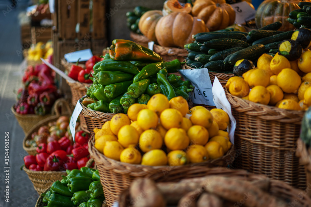 Vegetable stand at traditional market in Venice, Italy. Organic, agriculture products. Freshly, seasonal harvested vegetables. Bio, healthy food. Vegetarian food.