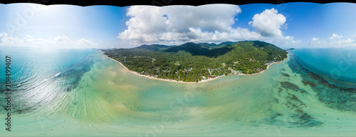 360 panoramic view from the air without the sky on the coastline of Koh Phangan island