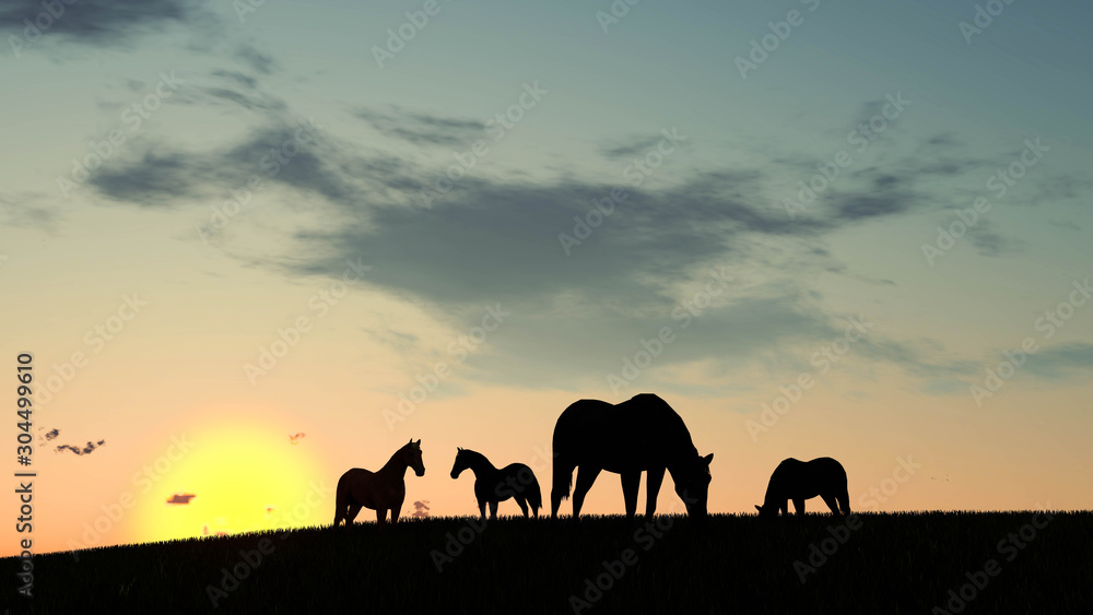 Fototapeta premium Horse Outdoor at Sunset 3D Rendering