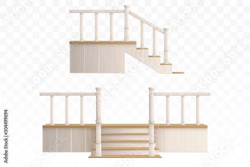 Wooden porch staircase with decorative balustrade and pillars front and side view. Vector realistic 3d external stair steps with railings from terrace isolated on transparent background