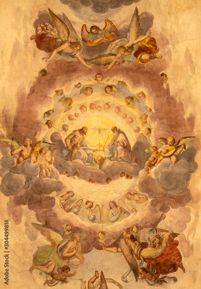 COMO, ITALY - MAY 11, 2015: The ceiling fresco of Holy Trinity in church Chiesa di San Orsola by Gian Domenico Caresana (1616).