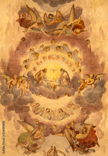 COMO, ITALY - MAY 11, 2015: The ceiling fresco of Holy Trinity in church Chiesa di San Orsola by Gian Domenico Caresana (1616).