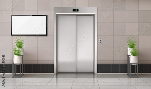 Office hallway with closed elevator door and TV screen on the wall. Vector realistic interior with lift, plants in white pots and blank computer monitor display