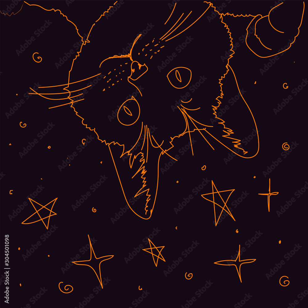 Naklejka premium Line art orange cat and night sky for halloween