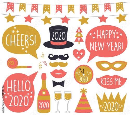 New Year party photo booth props and speech bubbles set