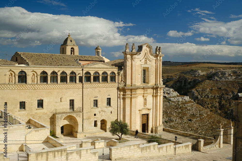 Convent and church of Sant'Agostino in Matera. Beige stone facade