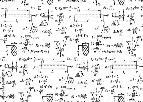 Retro physics seamless pattern with the equations, figures, schemes, formulas and other calculations on whiteboard. Vintage scientific and educational handwritten vector background.